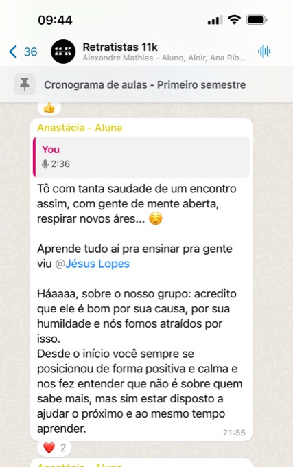 Aluna Anastácia elogiando o grupo de alunos