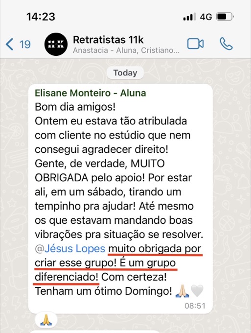 Aluna Elisane agradecendo pela criação do grupo de alunos