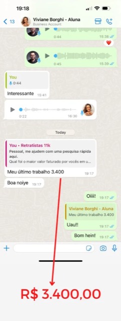 Print de aluna Viviane com trabalho de R$ 3.400